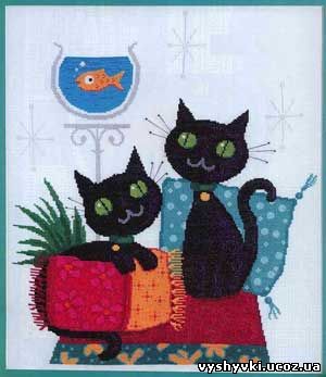 Вышивка "Черные котики с рыбкой" 