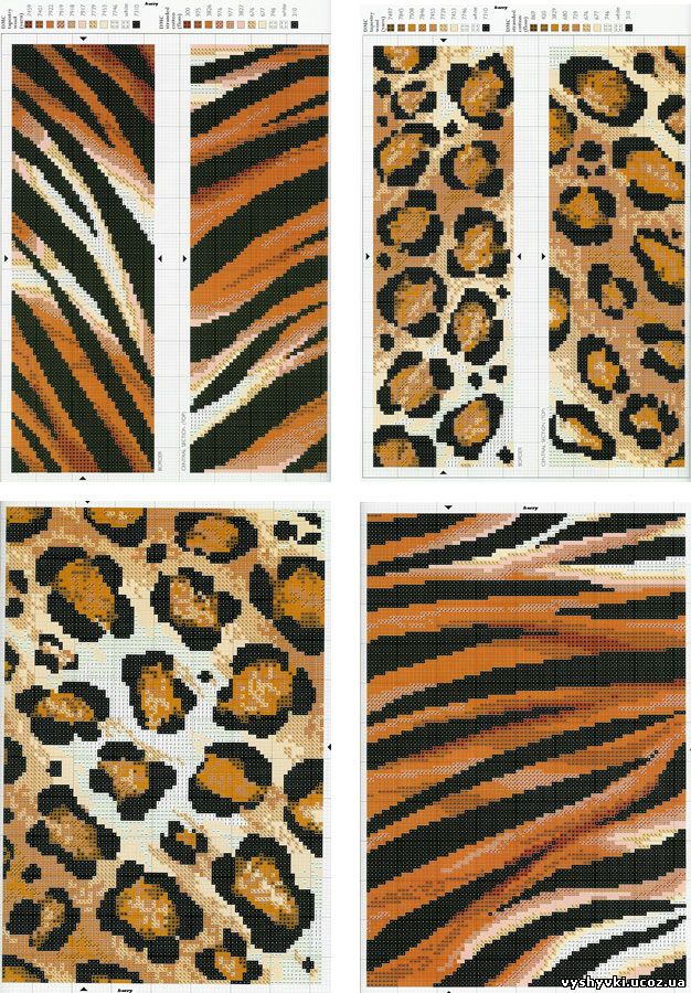 Набор схем вышивания крестиком закладок для книг и текстуры тигрового и леопардового окраса.